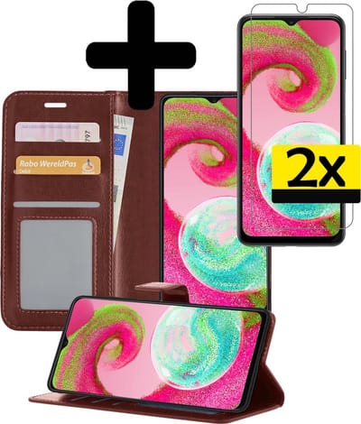 Hoesje - Met 2x Screenprotector - Geschikt voor Samsung Galaxy A04s - Luxe Pasjeshouder - Bookcase Portemonee - Flip Case - Kunstleer Book Case - Flipcase Hoes - Book Cover - Walletcase - Portemonneehoes - Telefoonhoesjes - Bruin