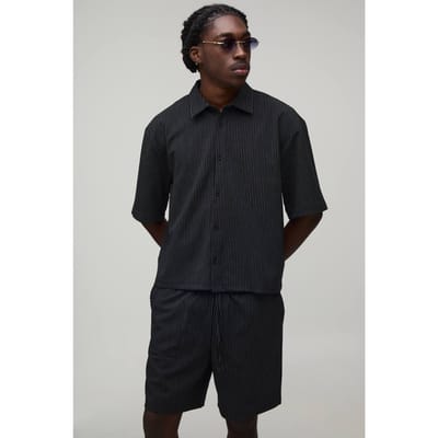 Gestreept Boxy Oversized Shirt & Short Set | Black | Size XS