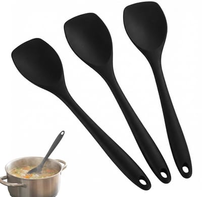 Set van 3 menglepels van siliconen, zwart, 27,5 cm, hittebestendig, 210 °C, krasbestendig, vaatwasmachinebestendig