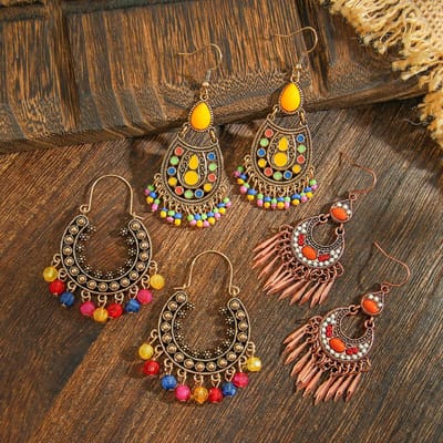 12 paar Boho Vintage Oorbellen voor Dames Vakantie Hofstijl Handgemaakt Kwastje Oorhanger Dagelijks Gebruik Werk Feest Decoraties Cadeau Veelzijdig brown