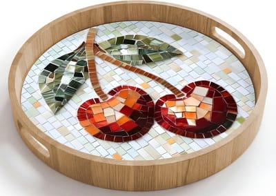 Dienblad rond 40x40 cm - Schootdienblad hout - Kersen - Rood - Mozaïek - Blaadjes - Borrelplank rechthoek - Plateau houten dienbladen