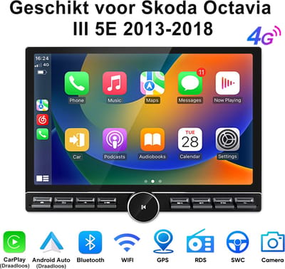 JUNSUN Autoradio Geschikt voor Skoda Octavia III (2013-2018), 6GB+128GB, Draadloze CarPlay & Andriod Auto, DAB+, GPS-navigatiesysteem, Bluetooth, Stuurwielbediening, WiFi, 13.1-inch 2K Touchscreen, DSP, Octa-core processor