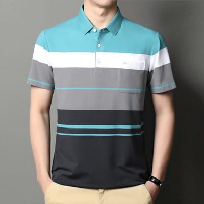 Zomer Gestreept Top met Halve Mouwen T-shirt Heren Shirt met Korte Mouwen Heren Middenleeftijd Revers Zak Poloshirt Papa Kleding XXXL blue