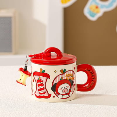 Mug Pomme Animal Cartoon Mignon Tasse à Eau de Bureau Aspect Haut de Gamme avec Couvercle Tasse à Petit-Déjeuner Cadeau Souvenir d'Anniversaire 400ML