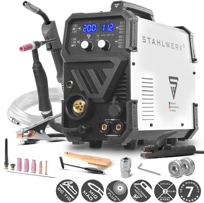 STAHLWERK MTM-200 ST 3-in-1 gasbeschermd lasapparaat | 200 A combi-omvormer voor TIG, MIG/MAG, MMA, FLUX, CuSi3 solderen | HF ontsteking | synergische draadaanvoer | VRD en warme start | 2-takt / 4-takt modus
