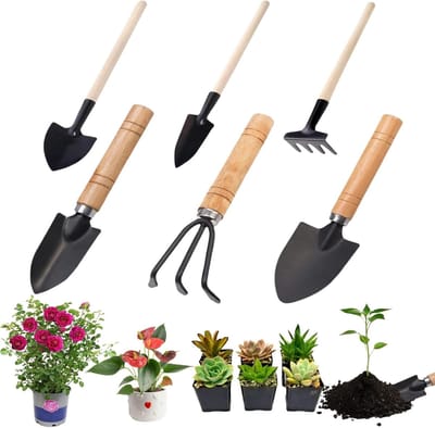 SnelShoppen - Tuingereedschapsset 6 stuks - Mini-tuinschep met houten handvat - Perfect voor bonsai, potbloemen, verplanten en aarde losmaken