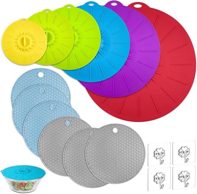 Set van 6 Herbruikbare Siliconen Deksel met Antislip Pads en Plakhaakjes voor Kommen, Bekers en Blikken