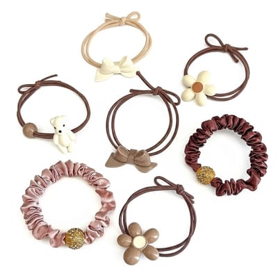 Set van 7 haar elastiekjes met strik, bloem en beer details – elastische haar accessoires voor dames en meisjes – mix van bruin en beige – scrunchie en koord elastiekjes
