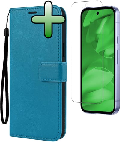Hoesje Met Screenprotector - Geschikt voor Google Pixel 9a - Luxe Pasjeshouder - Bookcase Portemonee - Flip Case - Kunstleer Book Case - Flipcase - Book Cover - Walletcase - Portemonneehoes - Turquoise