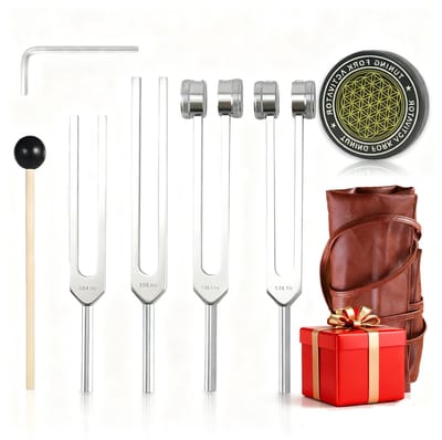 Dailygoods- Stemvorken Set 4 Stuks - Genezende Chakra Vorken 128Hz/256Hz/384Hz/136,1Hz - Aluminiumlegering - Lederen Opbergtas - Ideaal voor Yoga/Meditatie - Geluidsinstrumenten