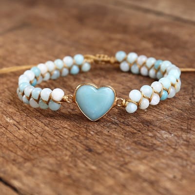 Amazoniet - Armband - Hart - Dames - Verstelbaar - Natuursteen - Gevlochten koord - Handgemaakt