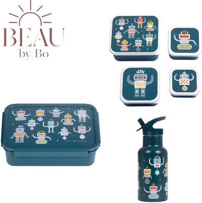 Bundel A Little Lovely Company Back to school set - Drinkfles RVS/4 Snackdozen/Bentobox - Robots