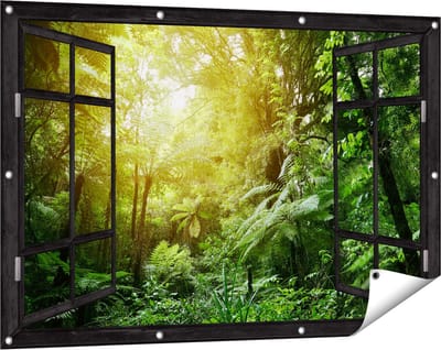 Gards Tuinposter Doorkijk Tropische Jungle met Zonneschijn - 120x80 cm - Tuindoek - Tuindecoratie - Wanddecoratie buiten - Tuinschilderij