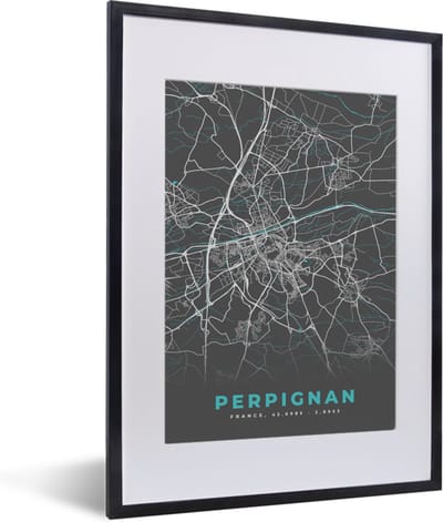 Fotolijst incl. Poster - Kaart - Stadskaart - Plattegrond - Frankrijk - Perpignan - 30x40 cm - Posterlijst