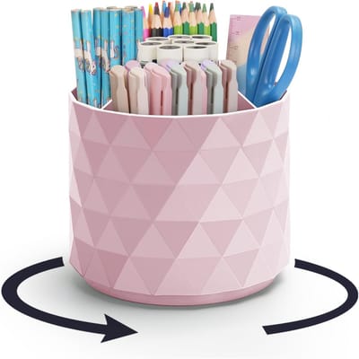 QTTVBTNA - Draaibare Pennenhouder - 360° Rotatie - 5-vaks Organizer - Groot Capaciteit - PP Materiaal - Bureau Organizer voor Thuis & Kantoor - Roze - 1 stuk