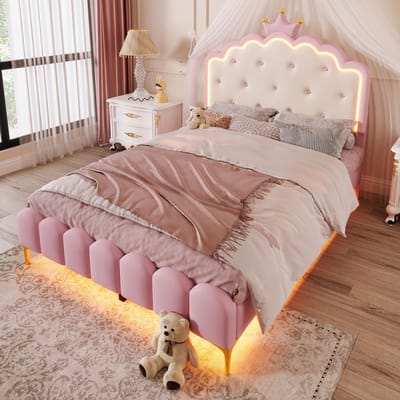 DESMIU Gestoffeerd Bed 140x200 cm – Prinsessenbed Met Led-Sfeerverlichting – Met Lattenbodem – Zonder Matras – Voor Kinderkamer – Pu En Metaal – Roze
