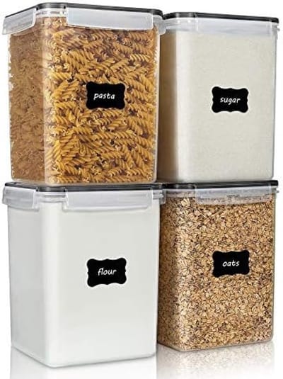PromoHome Grote Luchtdichte Voedselopslagcontainers Set van 4 Stuks - 5,2 Liter BPA-Vrij Plastic Voorraadbussen voor Keuken, Meel, Suiker en Droogvoer met Maatbekers en Etiketten - Zwart