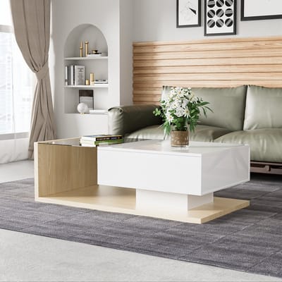 Salontafel in een combinatie van glanzend wit en houttinten – bijzettafel – salontafel met glas en led-verlichting