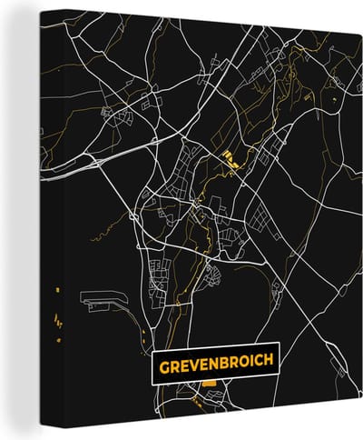 Canvas Schilderij Black and Gold – Stadskaart – Grevenbroich – Duitsland – Plattegrond – Kaart - 20x20 cm - Wanddecoratie