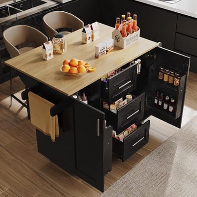 Mobiel keukeneiland met afneembare wielen en scheidingswanden, zwarte keukentrolley met 3 laden, inklapbaar werkblad en handdoekhouder, 135 x 46 (74) x 86,6 cm, multifunctioneel en ruimtebesparend