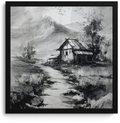 Poster in lijst - Fotolijst 40x40 cm - Posters - Hut - Grijs - Bergen - Mistig - Posterlijst zwart - Decoratie - Wanddecoratie woonkamer - Muurdecoratie slaapkamer