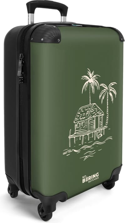 NoBoringSuitcases.com® - Handbagage koffer lichtgewicht - Reiskoffer trolley heren - Groen met beige strandhuis - Reis rolkoffer met wieltjes - Carry on reistrolley op wielen - Luggage suitcase - 55x40x20 en 55x35x25 - Bagage 55 cm