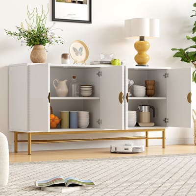 REDOM - Dressoir - Vier deuren met ruime opbergruimte - Soft-close scharnieren en geborstelde gouden grepen - Woonkamer - MDF en spaanplaat - Wit - 160 x 40 x 82 cm