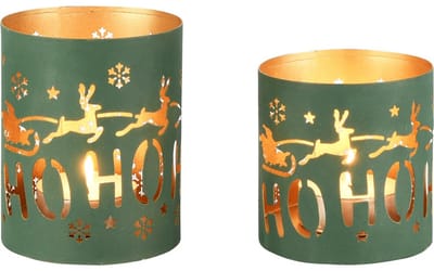 Dekoratief | Set 2 Waxinelichthouders 'Santa Sleigh', groen/goud, metaal, 11x11x13cm | A258152