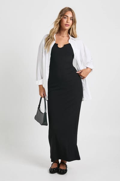 boohoo Dames Basic Rib Notch Maxi Jurk | Zwart | Maat: 38