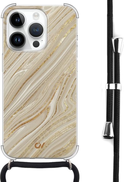 Casevibes - Telefoonhoesje met koord - Geschikt voor Apple iPhone 14 Pro - Golden Marble - Goud -