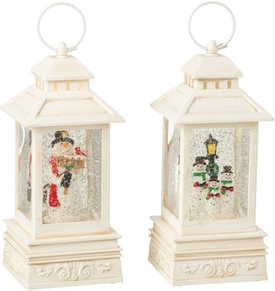 J-Line decoratie Waterbal Lantaarn Sneeuwman - kunststof - wit - 2 stuks