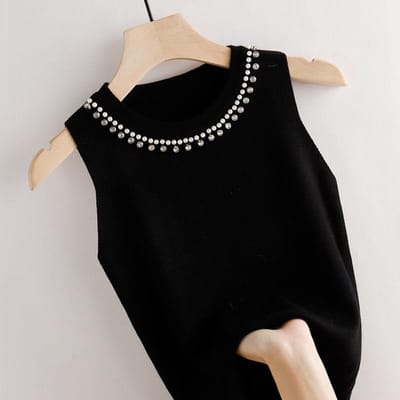 Dames Gebreid Kralen O-hals Vest Onderhemd Vrouwelijke Mode Lente Zomer Gebreid Basis T-shirt Effen Mouwloos Slimme Tops XL zwart