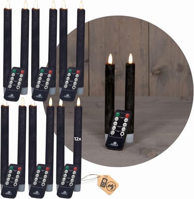 LED-kaarsen met timer ZWART 12 stuks binnen 6 uur ECHTE WAS 18 cm hoogte voor kaarsen 2,2 cm diameter 2 AAA-batterijen vereist LED-kaarsen set van 4 ZWART (drie keer) bewegende vlamlamp