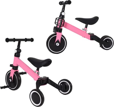 Kinderdriewieler 3-in-1 - Loopfiets Mini-fiets - Leren Fietsen - Afneembare Pedalen - 65x20x17 cm - Zwart-roze