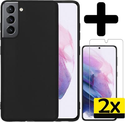 Hoesje - Met 2x Screenprotector - Geschikt voor Samsung Galaxy S21 - Sterk & Shockproof - Back Cover - Siliconen Case - Telefoon Hoes - Telefoonhoesjes - Zwart