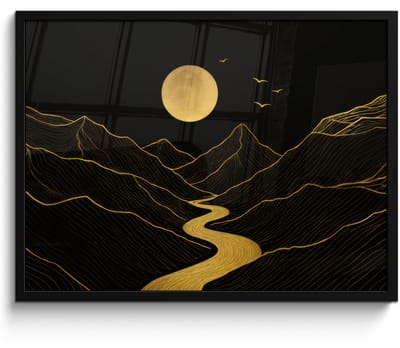 Poster in lijst - Fotolijst 70x50 cm - Posters - Rivier - Goud - Maan - Vogels - Posterlijst zwart - Decoratie - Wanddecoratie woonkamer - Muurdecoratie slaapkamer