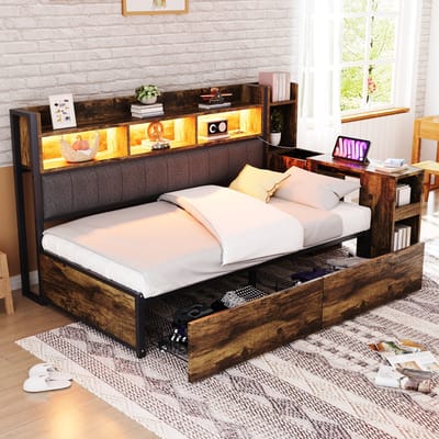 Bedbank - 90x200 cm - Multifunctioneel Bed - Met Bureau & Opbergruimte - Metaal - Houtkleur