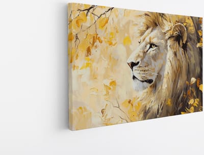 Saammp Canvas Schilderij - Leeuw tussende gele bladeren - Dieren - Natuur - 45x30 - Foto op canvas - Wanddecoratie - Muurdecoratie Woonkamer - Slaapkamer decoratie - Canvas Print