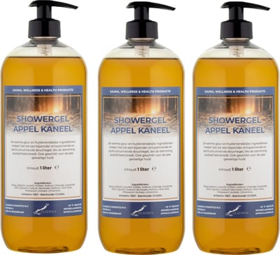 Douchegel Appel-Kaneel 1 Liter - set van 3 stuks - met gratis pomp - Showergel