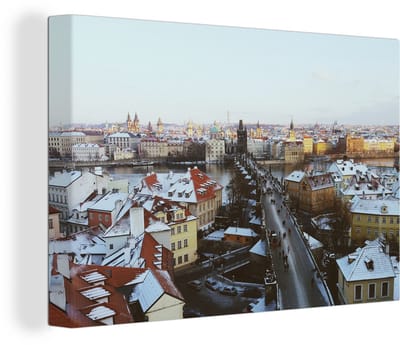 Canvas Schilderij Praag - Winter - Sneeuw - 30x20 cm - Wanddecoratie