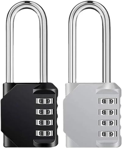 Combinatiehangslot - 2-pack - 43×20×49 mm - 4-cijferig combinatiehangslot met lange beugel - Geschikt voor scholen, kluisjes, sportscholen, hekken, poorten en magazijnen - Zwart en zilver