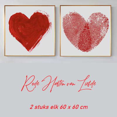 Allernieuwste.nl® SET van 2 st. Canvas Schilderij Rode Harten van Liefde - Kunst aan je Muur - Modern Abstract - kleur Rood - SET 2x 60 x 60 cm