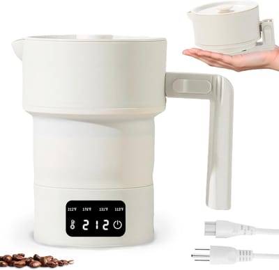 Draagbare waterkoker - 600 ml - Kleine waterkoker - Opvouwbare mini-waterkoker - 4 voorgeprogrammeerde programma's, geschikt voor hotels, kantoren, campings, enz., beige