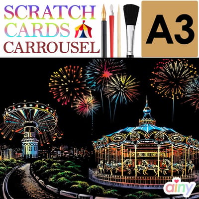 Ainy - Scratch Art Carrousel (A3) | DIY kras tekeningen incl. gereedschappen | Schilderen op kleuren kunst kraskaart | hobby & creatief voor volwassenen en kinderen ( meisjes ) | Knutselen - ontspanningspakket | Schilderijen set nummer 9
