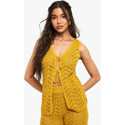 boohoo Dames Crochet Tie Waistcoat | Ochre | Maat: Small