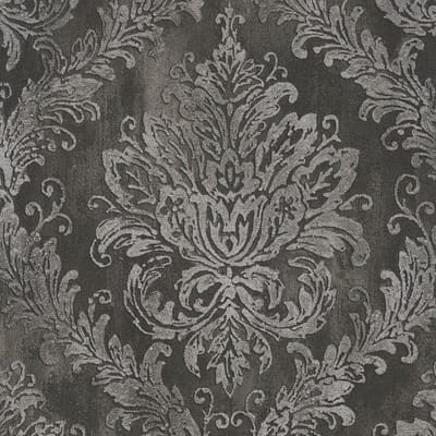 Barok behang Profhome 790496-GU vliesbehang hardvinyl warmdruk in reliëf licht gestructureerd met ornamenten en metallic effect antraciet zilver zwartgrijs 5,33 m2
