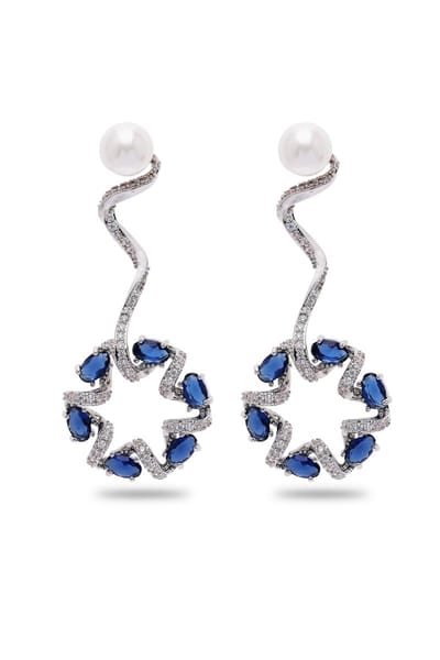 AVANT-GARDE PARIS Dainty Drop Earrings - donkerblauwe swirl met parel - 1 stuk - rhodium plating en kristallen