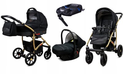 BabyLux® Kinderwagen 4in1 – LARGO - WHITE DOTS GOLD FRAME - Opklapbare Wandelwagen incl. Reiswieg, Multifunctionele Buggy Sportstoel, Autostoel, ISOFIX basisstation - Combi-kinderwagen met Luiertas, Regenhoes, Klamboe