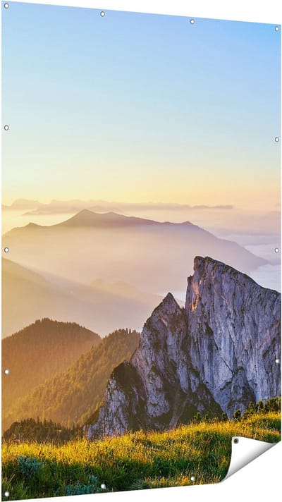 Gards Tuinposter Zonsopkomst in de Bergen in de Alpen - 120x180 cm - Tuindoek - Tuindecoratie - Wanddecoratie buiten - Tuinschilderij