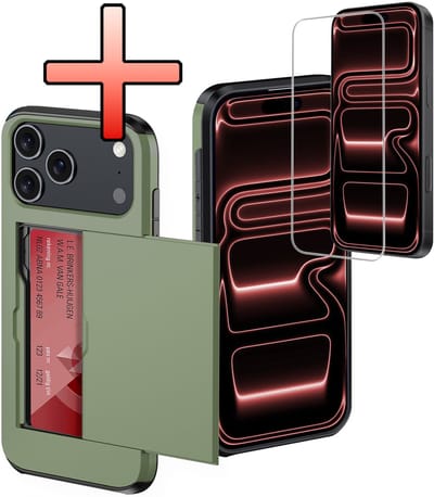 Hoes Geschikt voor iPhone 17 Pro Hoesje Pasjeshouder Hard Cover Met Screenprotector Shock Proof Hard Case Hoes Met Kaarthouder - Donkergroen